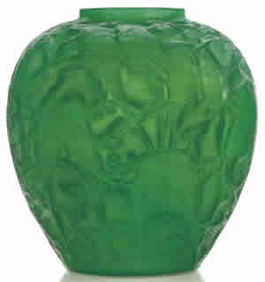 Rene Lalique Perruches Vase In Cased Green Glass