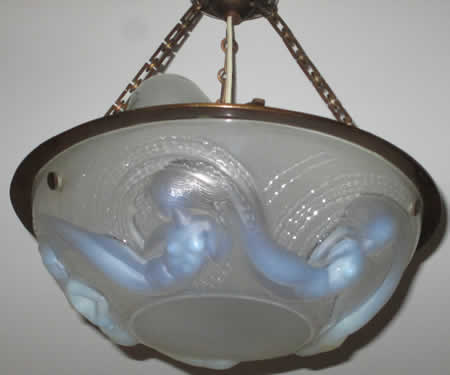 R. Lalique Calypso Opalescent Bowl Converted To A Hanging Light Fixture
