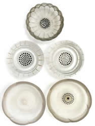 R. Lalique Berthe Glass Ashtrays, Nicole Ashtray, And Two Dahlia Ashtrays