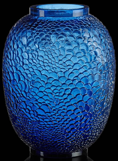 Rene Lalique Ecailles Vase In Blue Glass Side View