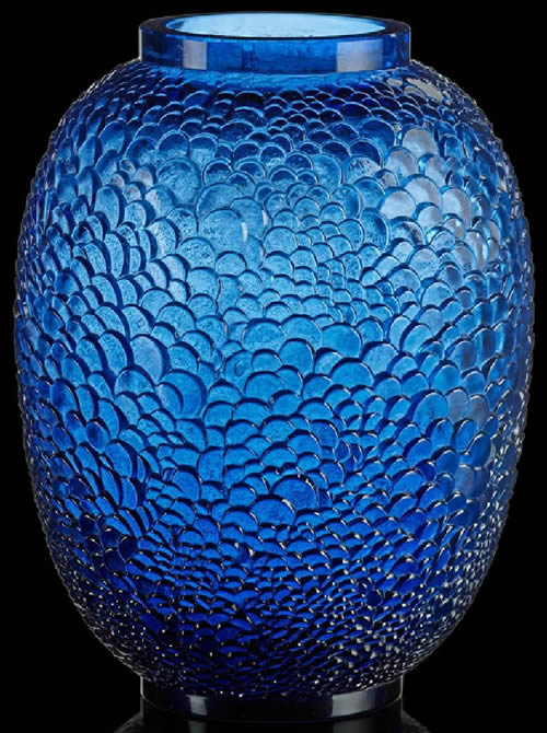 Rene Lalique Ecailles Vase In Blue Glass View From Slightly Above