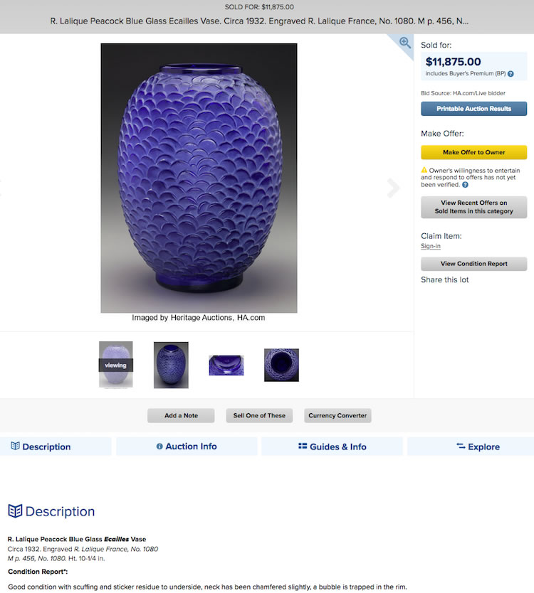 Ecailles Vase Loose Copy Heritage Auction Listing Showing Sold That Since Vanished From Heritage Website